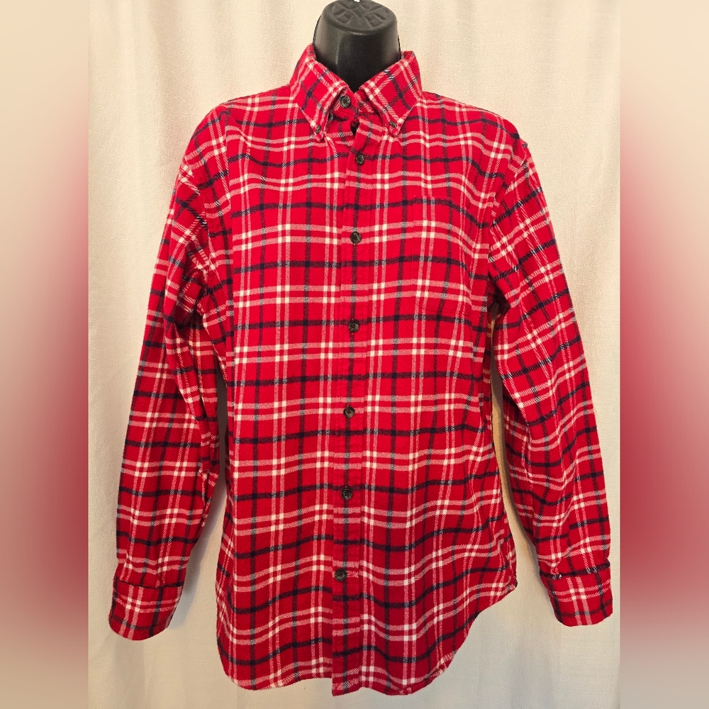 Lands' End Women's Red and White Plaid Button Down Shirt Cotton Fall Winter Med. - Picture 2 of 8